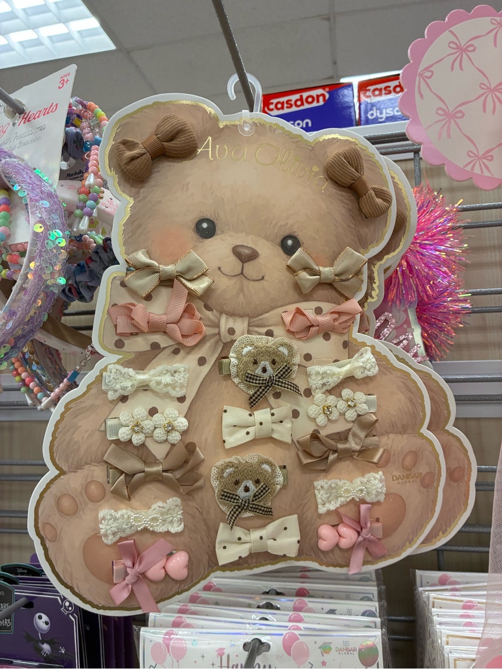 Beige & Pink Teddy Bear Hair Bow Set by